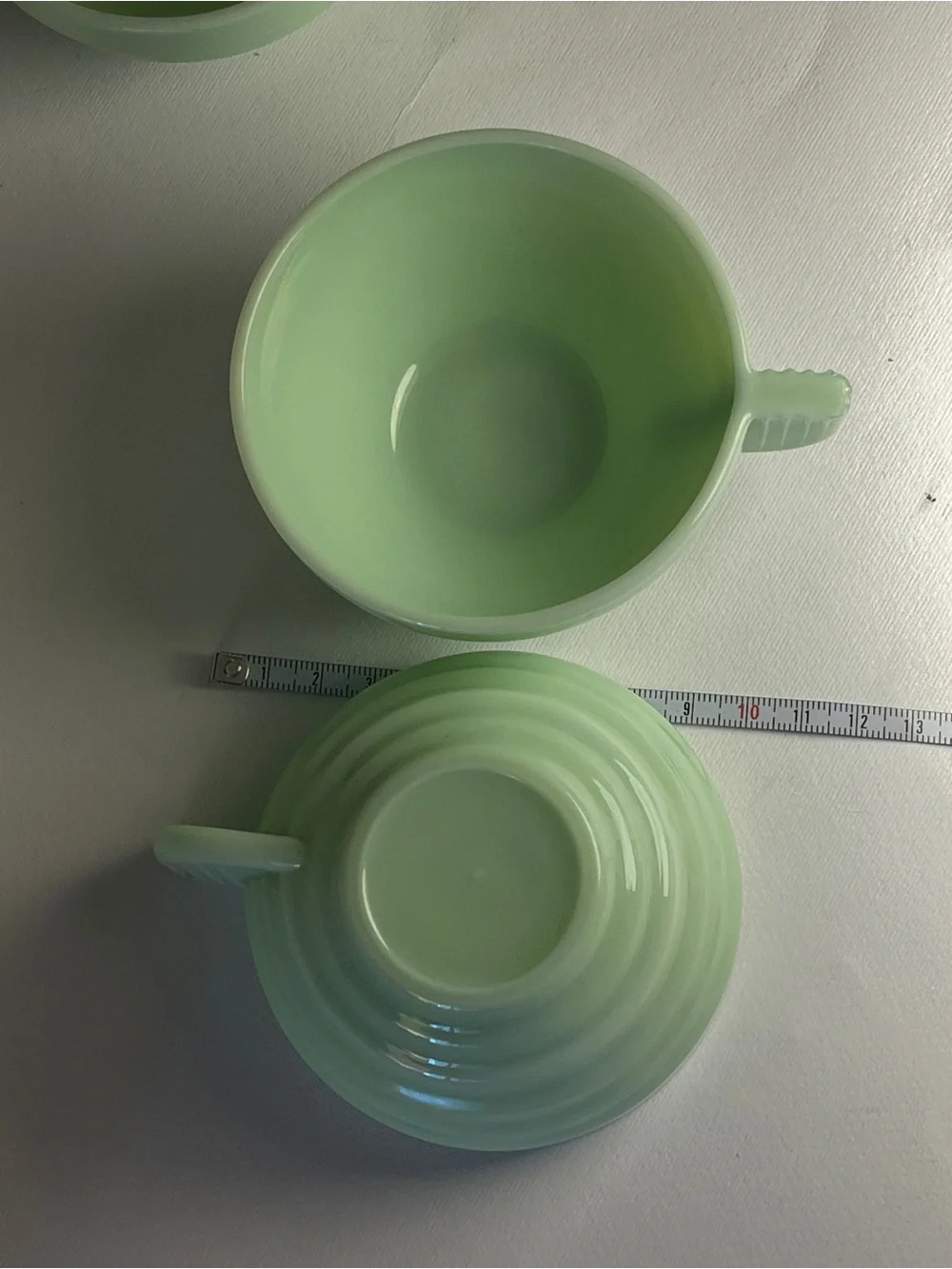 Vintage Jadeite Cup Set 7 Art Deco Style Ribbed Milk Glass Coffee Cups - FRANCE